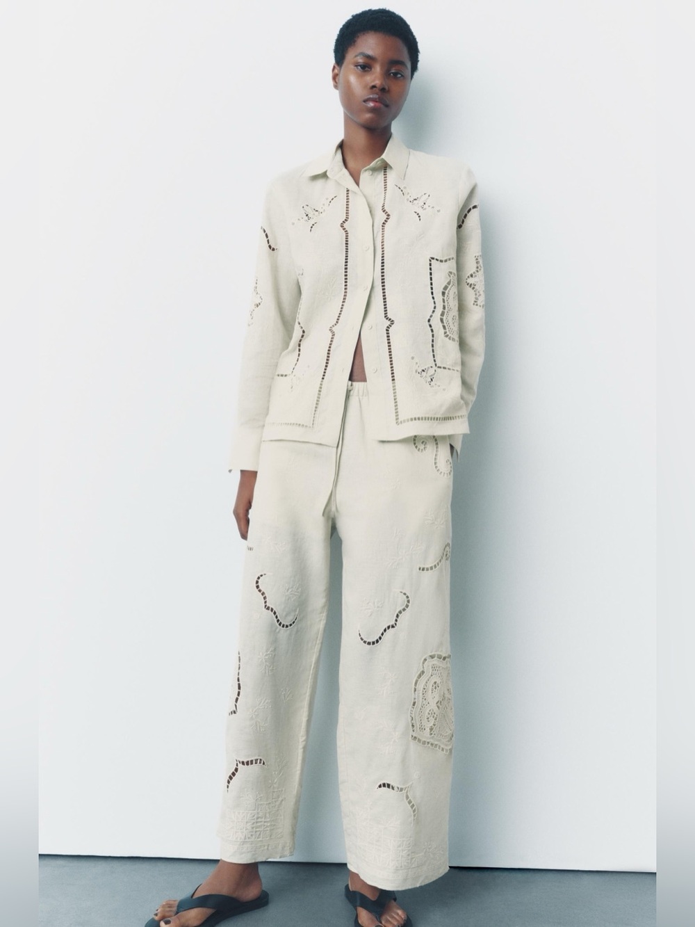 Embroidered Cream Cutout Openwork Embroidered Button-Up Coord Set